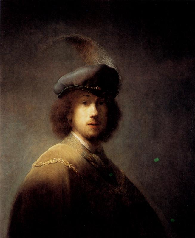 A young Rembrandt in a soft beret topped with a long feather turns three-quarters toward the light; his face glows against a warm dark background as a gold chain and velvet mantle catch small highlights, the plume fading softly into the surrounding air.