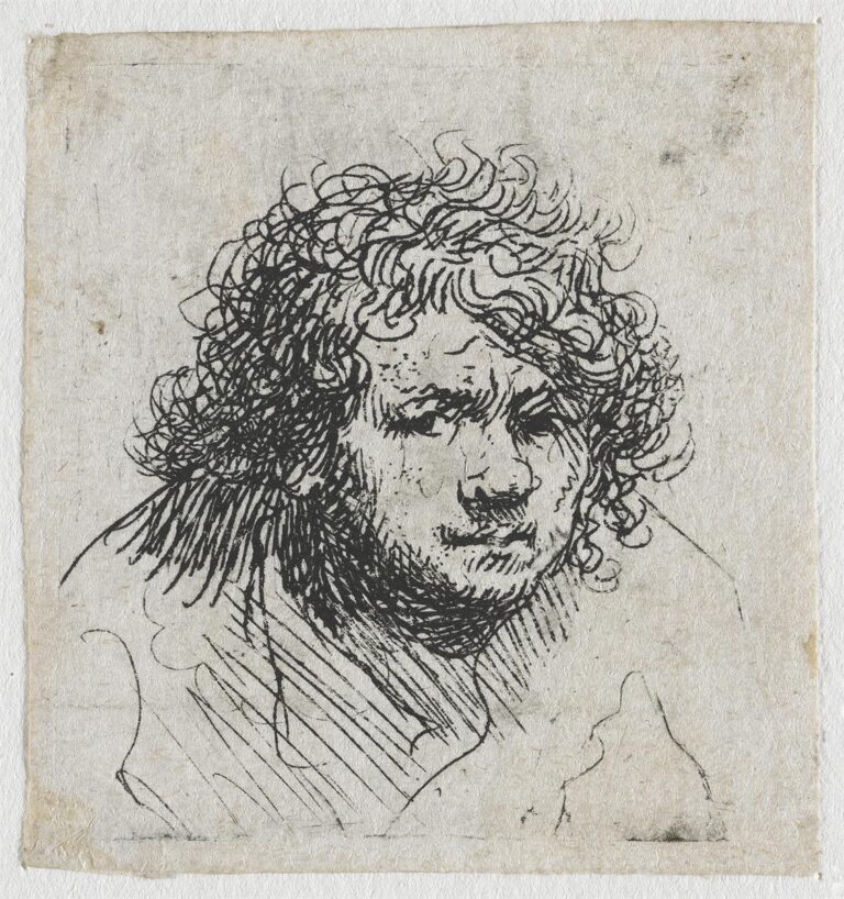 Small etching of young Rembrandt’s head and shoulders thrust toward the viewer, curls sketched in energetic loops, eyes set under a firm brow, and dark hatching at the chest anchoring the forward lean against a pale, open background.