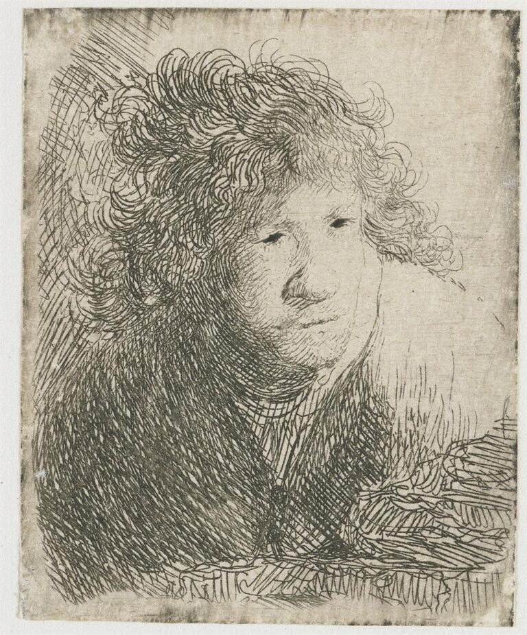 Small etching of the young Rembrandt leaning forward with loose curls and a thoughtful gaze, dark hatching anchoring head and chest against a pale ground, as if he is listening just beyond the frame.