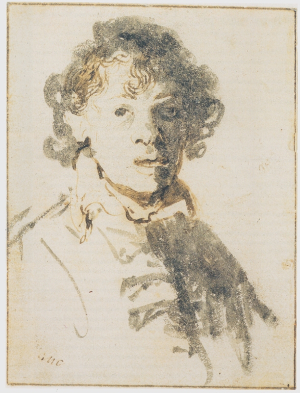 A youthful Rembrandt, head slightly turned, gazes outward with lips parted; loose curls frame his face while soft ink wash shades one cheek and a dark, sketchy shoulder anchors the small drawing against a blank paper ground.