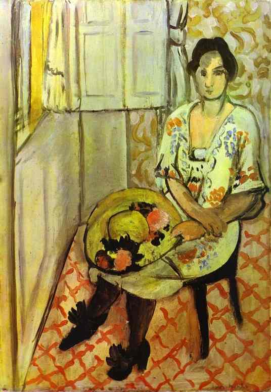 Woman in a floral dress sits beside a small round table holding a straw hat with flowers; behind her, ochre patterned wallpaper and a shuttered window with a narrow strip of yellow light; red lattice floor tilts upward, and black shoes rest against the patterned tiles, all painted with loose, visible brushstrokes.