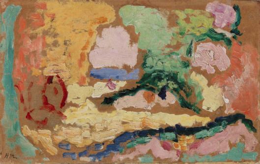 Small Fauvist oil sketch by Henri Matisse showing a bright central clearing, a blue horizon band, and sweeping green arabesque strokes among patches of pink, ochre, mint, and cobalt, with the brown support visible between strokes—preparatory study for “Le Bonheur de Vivre.”
