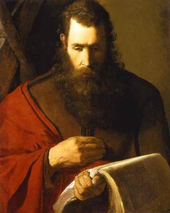 Half-length figure of St. Andrew with a heavy beard and red mantle bends over an open book; one hand rests on his chest while the other turns a curling page, illuminated by soft light against a muted background.