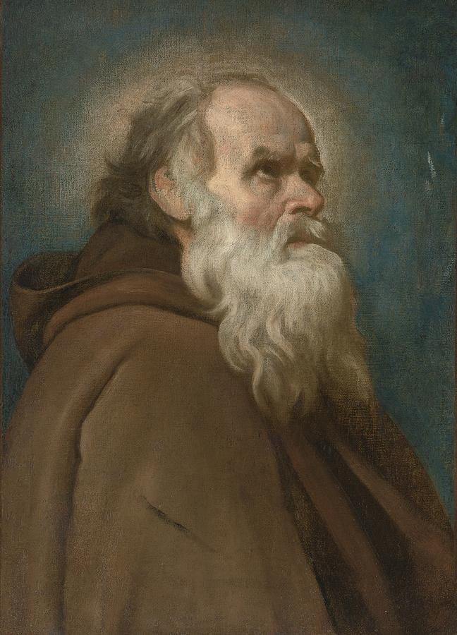 Half-length portrait of St. Anthony Abbot in a brown habit, head turned upward with a soft halo effect, long white beard illuminated against a cool blue-gray background.