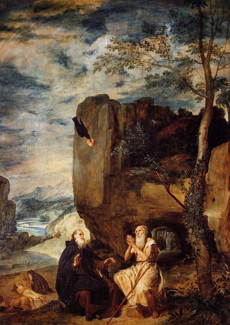 Two elderly hermit saints sit before a large rock in a wild landscape, raising their hands in prayer as a raven descends with bread; a cave opens behind them, trees sway in the wind, and distant hills and river recede under a clouded sky.