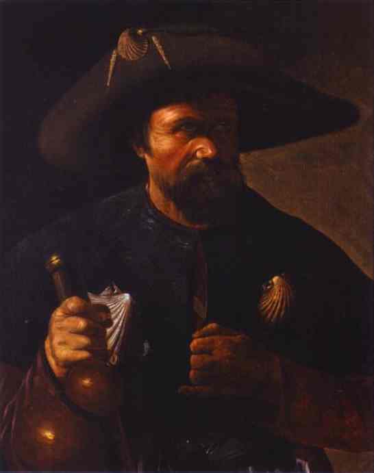 Half-length figure of St. James under a wide pilgrim’s hat with scallop shells holds a gourd flask and staff; warm light strikes his face and hands while the background remains dark, conveying the calm resolve of a traveler.