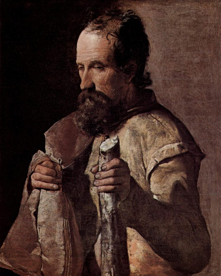 Half-length figure of St. James the Minor with lowered gaze holds a rough wooden club in his right hand and a worn sack in his left; warm light from the right models his face and hands against a dark-to-light cornered background.
