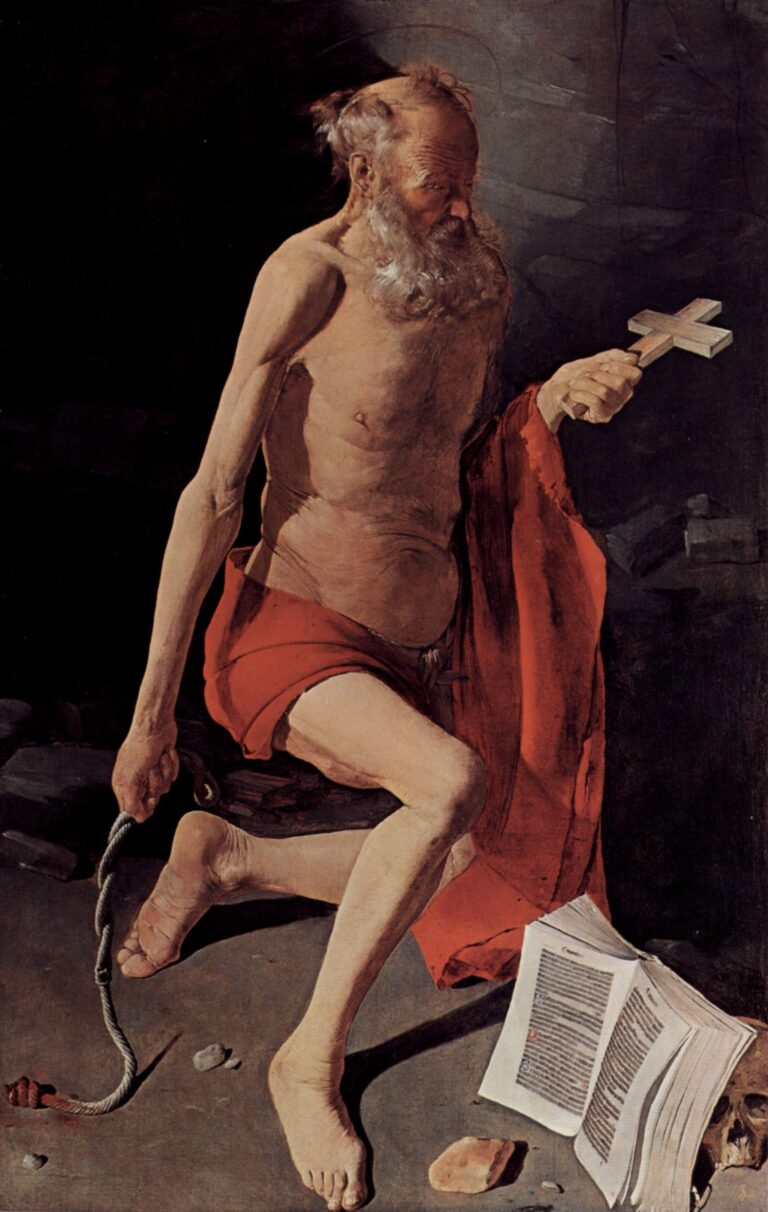 An elderly, nearly nude St. Jerome kneels on a stone floor holding a simple wooden cross and a knotted cord; a red mantle drapes behind him, with an open folio and a skull at his feet, all illuminated by a calm light against a dark background.