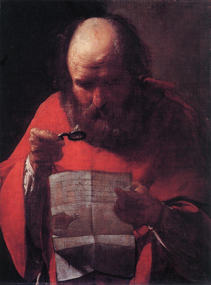 Half-length St. Jerome with bald crown and thick beard leans over a folded paper, holding a small reading glass near his eye; a red mantle glows around him while soft light models head, hands, and page against a dark, pared background.