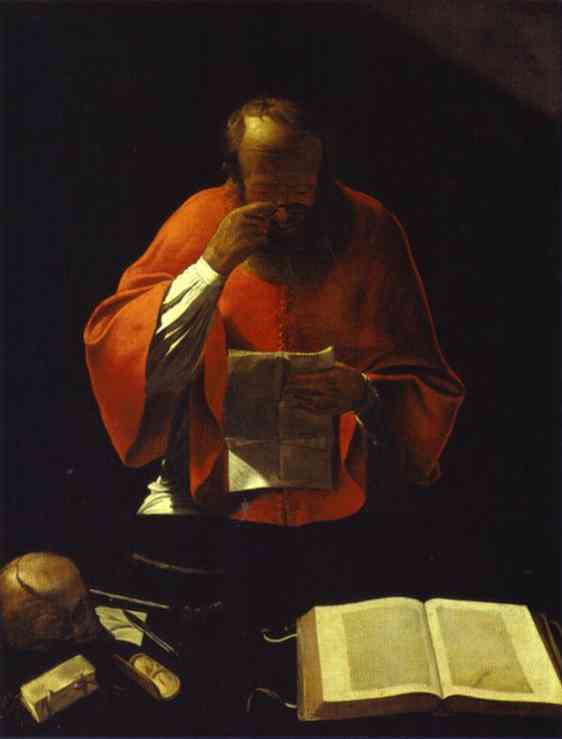 Night scene of St. Jerome standing in a red mozzetta, holding a folded letter and adjusting spectacles; on the dark table lie an open book, skull, quill, and seal, all illuminated by a single offstage light against a deep black background.