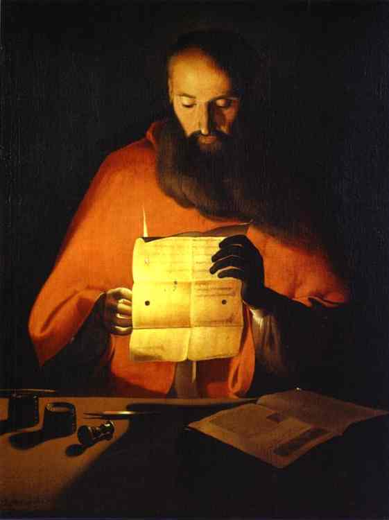 Elderly St. Jerome in a red mantle reads a sheet lit from behind by a hidden candle, his hands and beard modeled by warm glow; an open book and writing tools rest on a dark tabletop within a quiet, shadowed room.