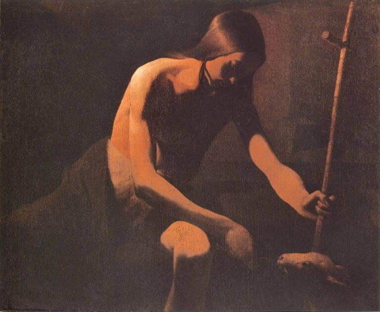 Half-length St. John the Baptist seated in a dark desert, body lit by warm raking light; head bowed, hair falling forward, right hand holding a tall cross-staff, small lamb at his feet, all rendered in austere browns and quiet flesh tones.