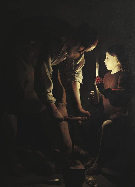Candlelit workshop where St. Joseph bends over a workbench with a tool while the young Jesus sits nearby, holding and shielding a tall candle; warm light illuminates faces, rolled sleeves, wood, and iron against a dark background.