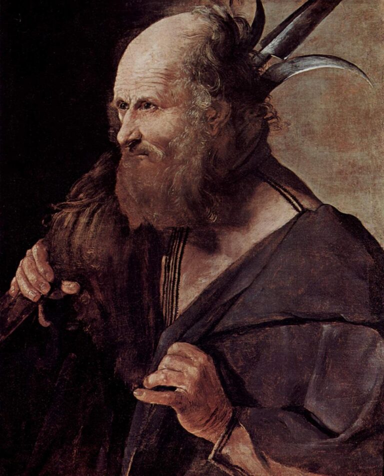 Half-length profile of an elderly St. Jude Thaddeus gripping a staff with curved metal blades, pinching his dark mantle at the chest; bald head and coarse beard lit by calm daylight against a deep, simple background.