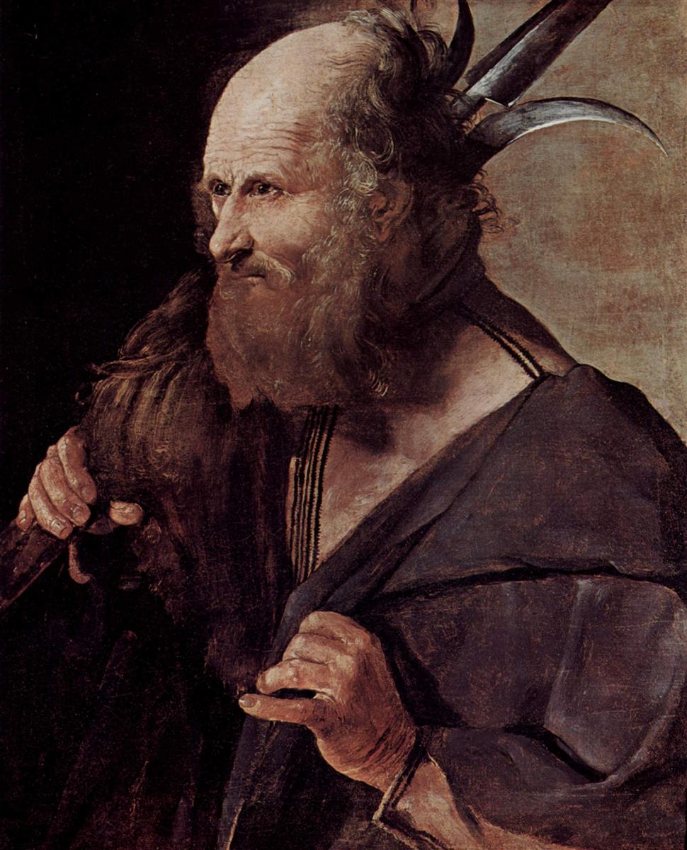 Half-length profile of an elderly St. Jude Thaddeus gripping a staff with curved metal blades, pinching his dark mantle at the chest; bald head and coarse beard lit by calm daylight against a deep, simple background.