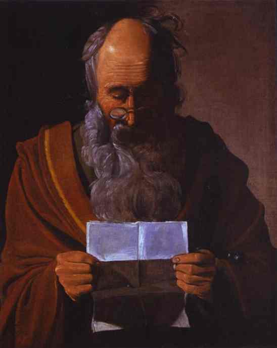Half-length St. Paul bowed in contemplation holds a large book while a simple sword glints at his side; warm light from one side models his brow, hands, paper, and steel against a dark, uncluttered background.