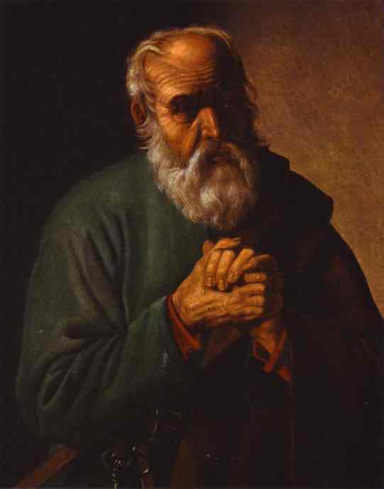 Half-length St. Peter in a green mantle stands in a dark room with light striking his brow, beard, and clasped hands; his head tilts slightly as if in prayer, the background divided into shadow and a pale wall.