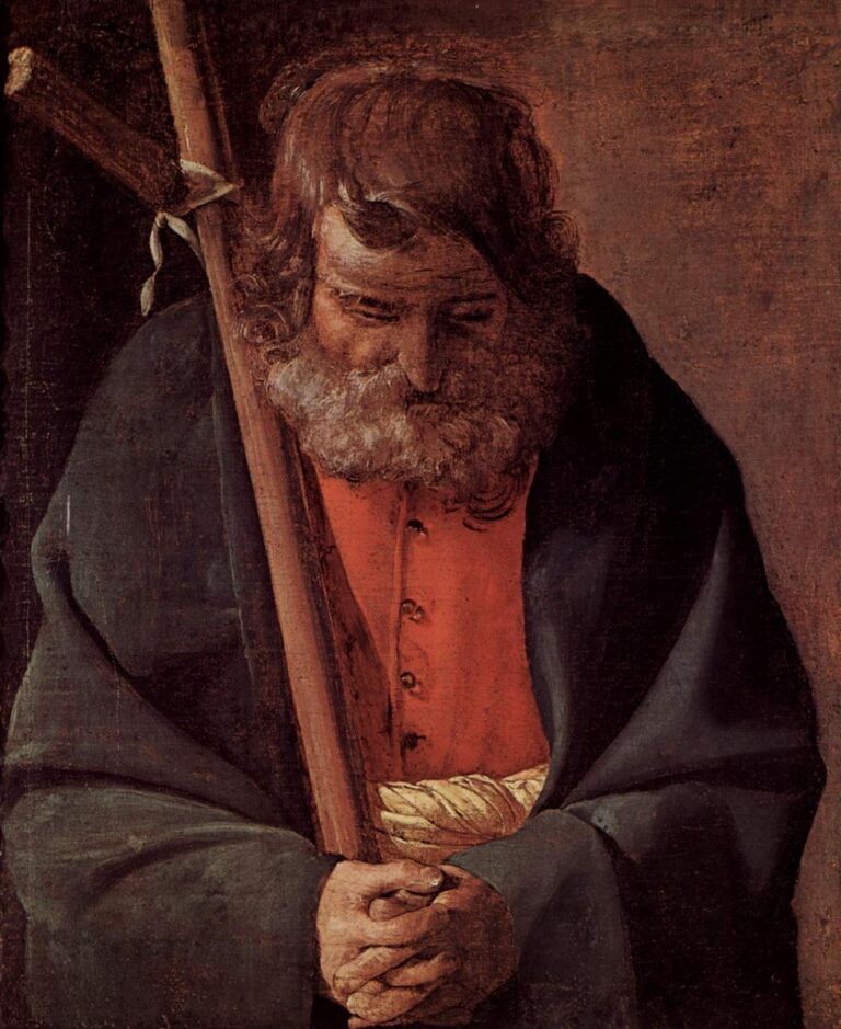 Half-length St. Philip bows his head, hands clasped at his waist, a rough wooden cross-staff leaning against his shoulder; he wears a coral-red tunic with a pale sash under a dark mantle, lit by calm light against a plain two-tone wall.