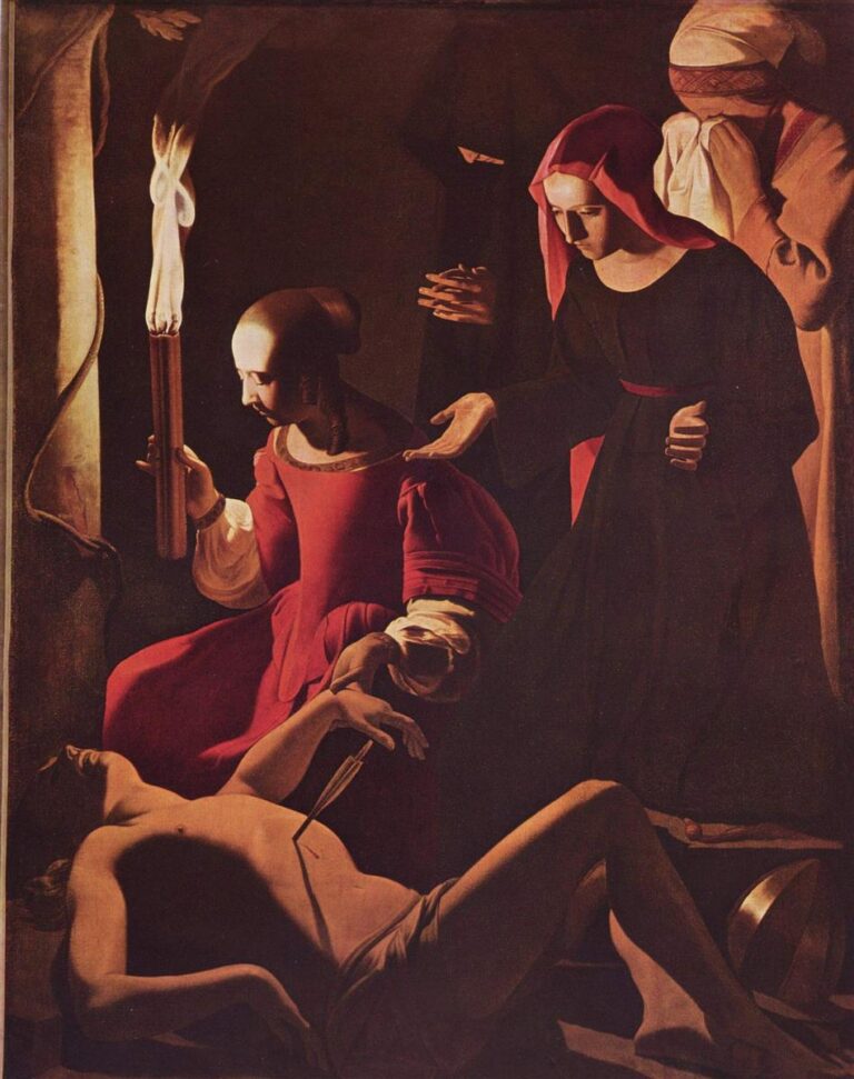Candlelit scene with St. Irene reaching toward the wounded St. Sebastian lying in the foreground as an attendant kneels holding a cluster of burning candles; another figure stands veiled in the background, all modeled in warm light against deep shadow.