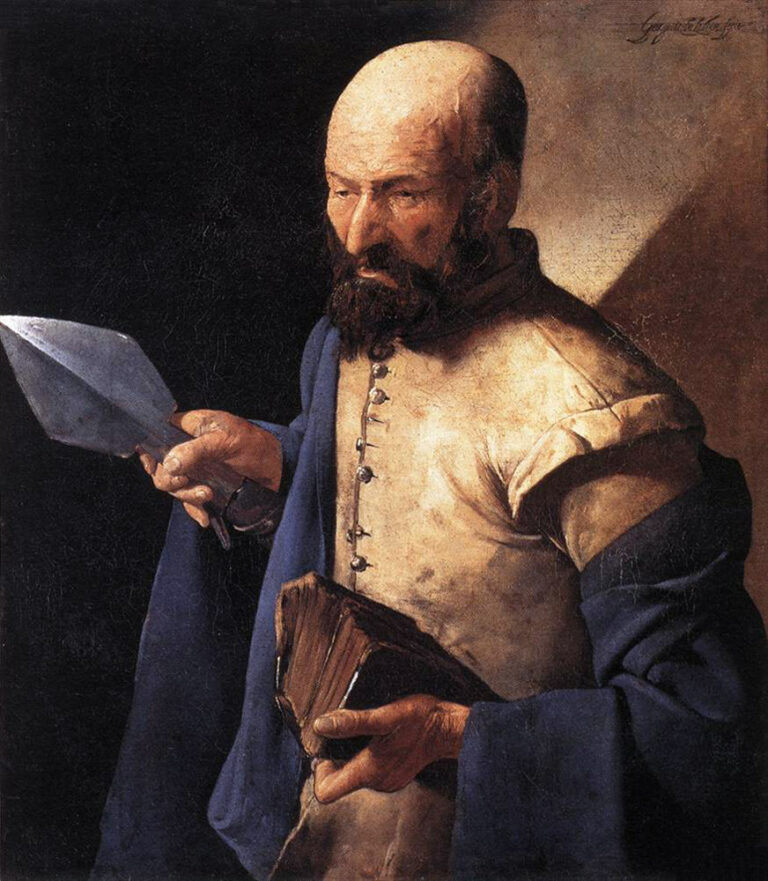 Half-length St. Thomas in a cream tunic and blue mantle holds a worn book in one hand and a faceted metal pike in the other; a slant of light illuminates his bald head, hands, and tools against a pared interior with dark and pale planes.