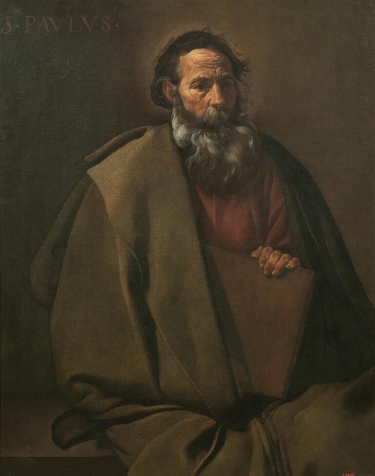 Half-length portrait of St. Paul seated with a heavy mantle and a large book held in his hand, his bearded face lit against a warm dark background with the inscription “S. PAVLVS” at the upper left.