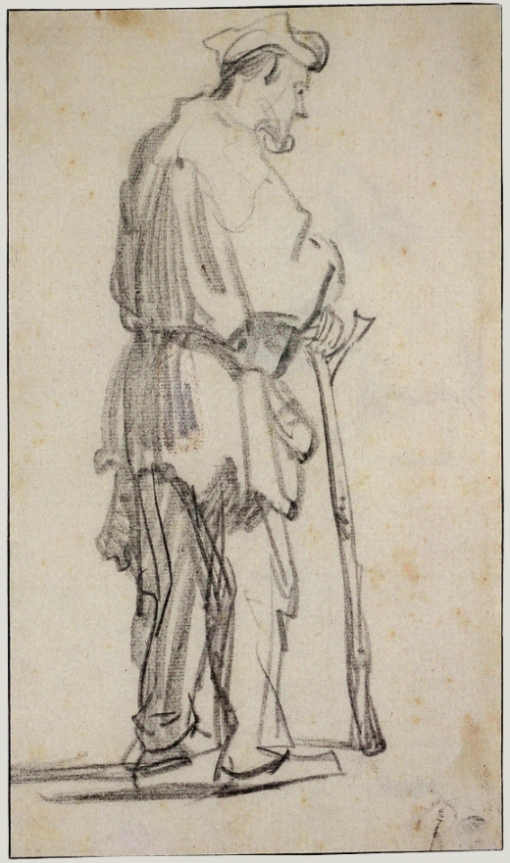 A man in worn cloak and cap stands turned to the right, leaning on a staff; Rembrandt’s quick, confident lines and soft shading define his posture, frayed clothing, and patient stance against a blank ground.
