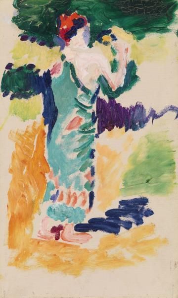 Tall, narrow Fauvist painting of a woman in a turquoise dress, shown three-quarters with one arm raised to her head; figure formed by chunky teal, mint, coral, and navy strokes against a pale ground, with a dark green canopy above, ocher earth below, and a violet shadow band behind (Henri Matisse, 1906).