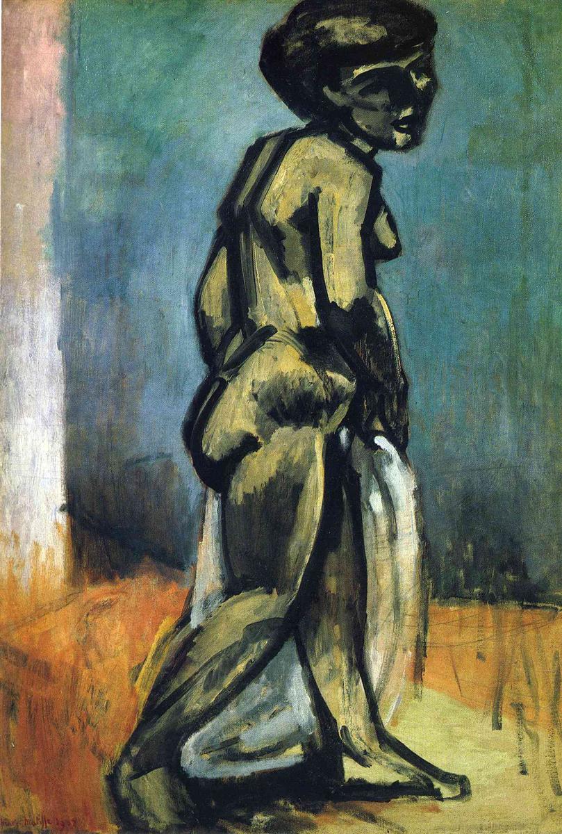 Three-quarter view of a standing nude figure outlined in bold black, lit in warm ochers against a teal-blue wall and ocher floor; a white drapery hangs from the hand and hip, with broad brushstrokes and simplified, sculptural planes characteristic of Matisse in 1907.