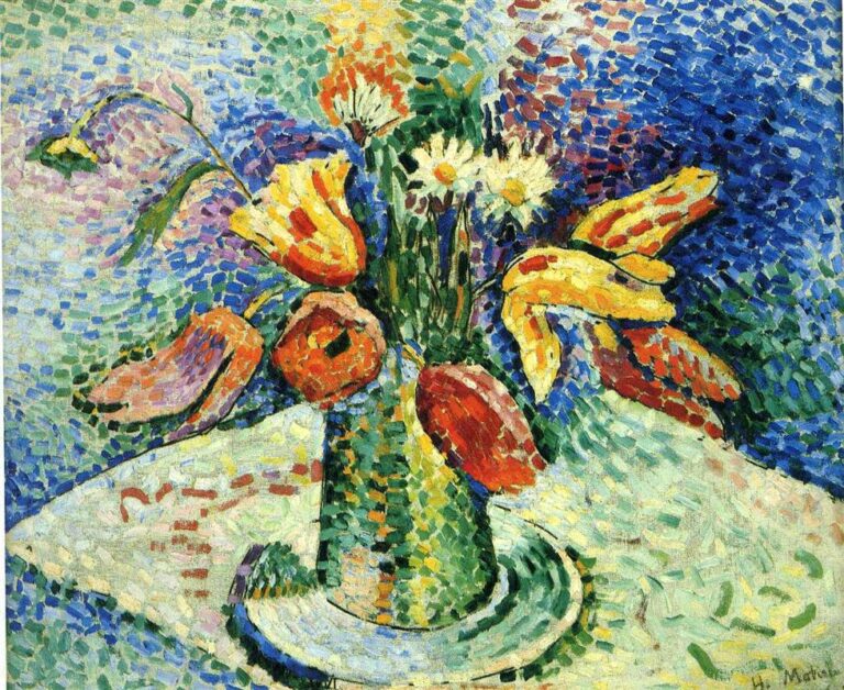 Henri Matisse’s “Parrot Tulips” shows a green vase on a saucer holding flamboyant yellow, red, and orange tulips; the table and wall are rendered in small, mosaic-like strokes of blue, mint, lilac, and cream that swirl around the bouquet, creating a bright, Fauvist still life.
