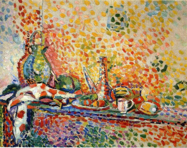 Henri Matisse’s 1904 “Still Life With A Purro (II)”: a table with a green earthenware jug, bottles, fruit, white cup and checked cloth set before a shimmering pointillist wall of yellow, red, green and blue strokes.