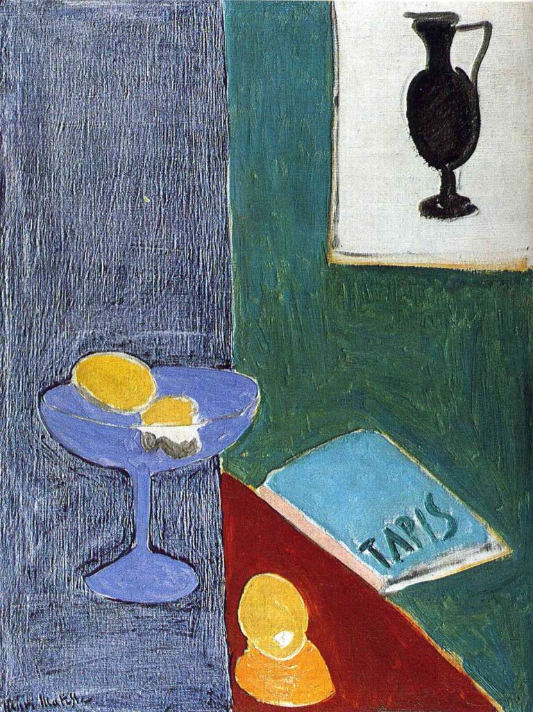 Interior still life with a blue glass coupe holding lemons on a red diagonal tabletop, a single lemon on a small orange stand, a green wall with a pale blue book titled “TAPIS,” and a framed black silhouette of a jug; large flat color planes and bold contours in Matisse’s 1914 style.