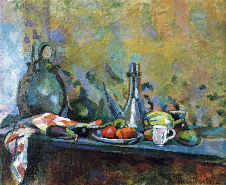 Henri Matisse’s 1904 “Still Life With a Purro,” showing a green earthenware jug, reflective bottle, white cup, fruit on a plate, and a red-and-white checked cloth on a tabletop against a mottled wall.