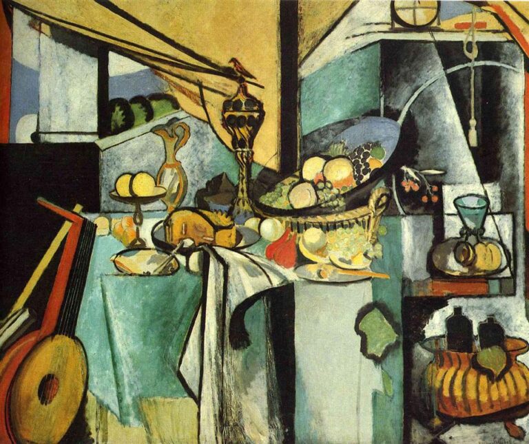 Large modern still life inspired by de Heem: turquoise table with white napkin, lemons on a stand, roasted game on a platter, ornate chalice with a small red bird, wicker basket heaped with fruit, blue goblet, lute at left, bottles at lower right, and simplified architectural arches; strong black contours and flat color planes in Matisse’s 1915 style.