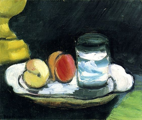 Small still life with a white plate holding two whole peaches and one halved red peach beside a short glass of water; bright impasto whites, deep black-green background, yellow form at left and green band at right; simplified shapes and crisp ellipses typical of Matisse’s 1916 style.
