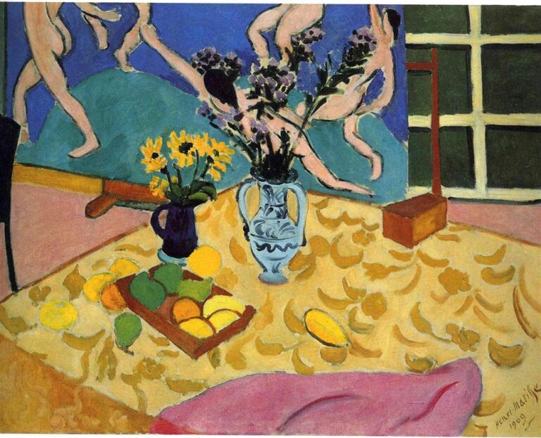 Patterned yellow table with lemons in a wooden tray, a dark violet jug of yellow flowers, a pale blue pitcher of purple blooms, a small wooden box, and a folded pink cloth in the foreground; behind, a blue panel shows pink nude dancers circling on a green hill next to a gridded green window in Matisse’s 1909 “Still Life with ‘Dance.’”