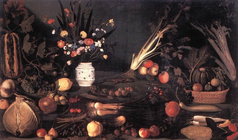 A dark tabletop overflows with a central bouquet in a ceramic vase, flanked by celery, squash, grapes, figs, and a wicker basket of fruit; scattered onions, nuts, radishes, and quinces catch raking light against a deep shadowed background.