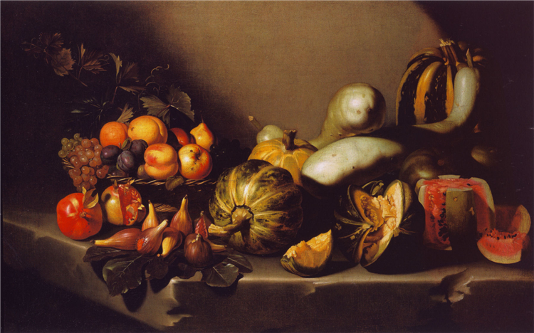 On a stone ledge with a torn white cloth, melons, gourds, figs, grapes, peaches, and a cut watermelon are arranged under dramatic light, their skins and seeds rendered with vivid detail against a dark background.