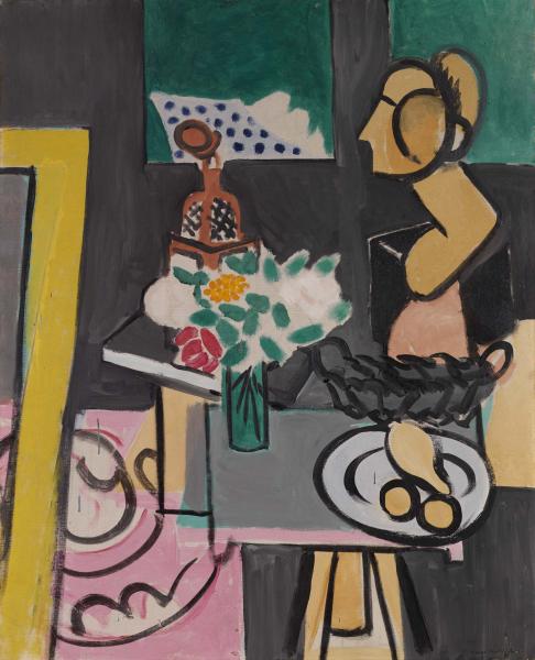 Interior still life with gray diagonal table holding a teal vase of white flowers, a black basket, and a plate with yellow gourd slices; simplified ocher female profile at right; green wall panel, dotted textile on back wall, pink patterned carpet at lower left; strong black contours and flat color planes characteristic of Matisse in 1916.