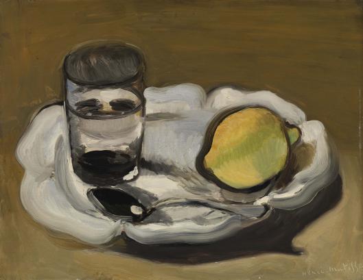 A small tabletop still life by Henri Matisse showing a white scalloped plate holding a yellow-green lemon, a clear glass with dark reflections, and a silver spoon; the plate casts a soft shadow on a warm brown surface, and strong black contours and cool grays define the simple, serene arrangement.