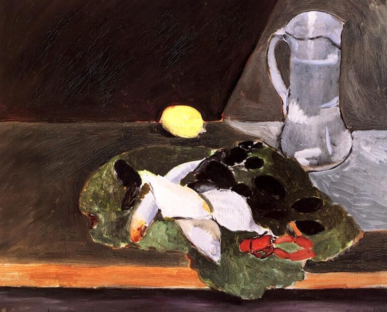 Still life of a bright yellow lemon against a dark wall, a cool gray pitcher on the right, and a heaped platter of white fish, black shells, leafy greens, and a red crustacean on a table with a warm ocher edge, painted by Henri Matisse.
