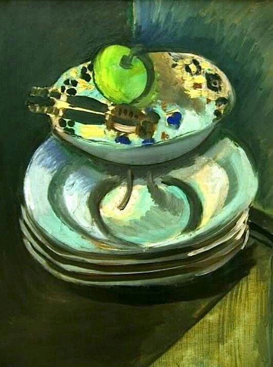 Stack of pale green-blue plates supporting a shallow pedestal bowl with a green apple and dark nutcracker; patterned reflections inside the bowl; deep green-black background and compressed tabletop; simplified ellipses, bright porcelain highlights, and poised composition in Matisse’s 1916 style.