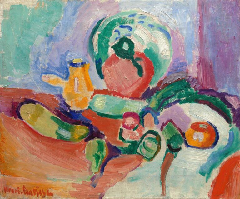 A Fauvist still life by Henri Matisse showing a green bowl, yellow jug, long green vegetables, sliced rounds on a pale plate, and an orange on a coral table, with lilac and mint background fields, thick impasto around the bowl, and visible areas of bare canvas that make the scene glow.