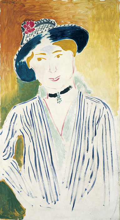 A tall, narrow portrait of a woman in a blue-striped jacket, black choker, and wide-brimmed hat with a red flower; her features are minimal, the background shifts from green to ochre, and large areas of white ground serve as light, in Henri Matisse’s 1914 style.