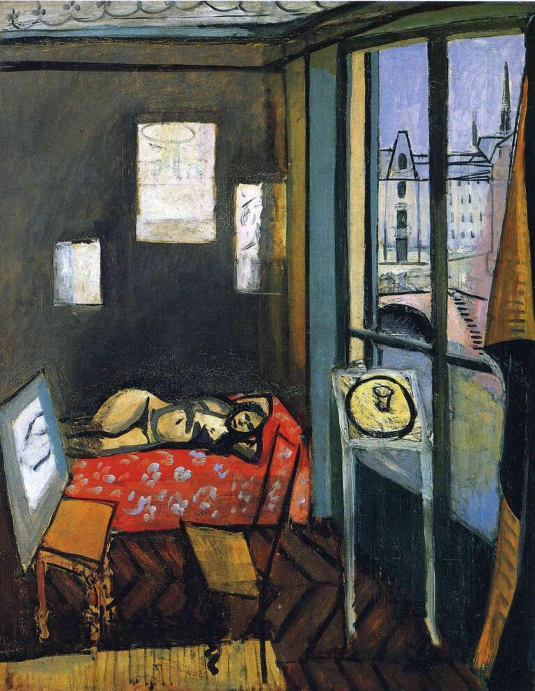 Interior studio by Matisse with nude model on a red patterned bed, easel and chairs on a diagonal parquet floor, and a tall window opening to bridges and buildings along the Seine; strong black contours, limited palette, 1916.