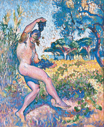 Henri Matisse’s 1905 study shows a nude male dancing in a sunlit meadow, lifting a cluster of grapes overhead, his body modeled with blue-violet and rose strokes, set against yellow grass, green trees, and a cool blue sky rendered in small, mosaic-like touches.