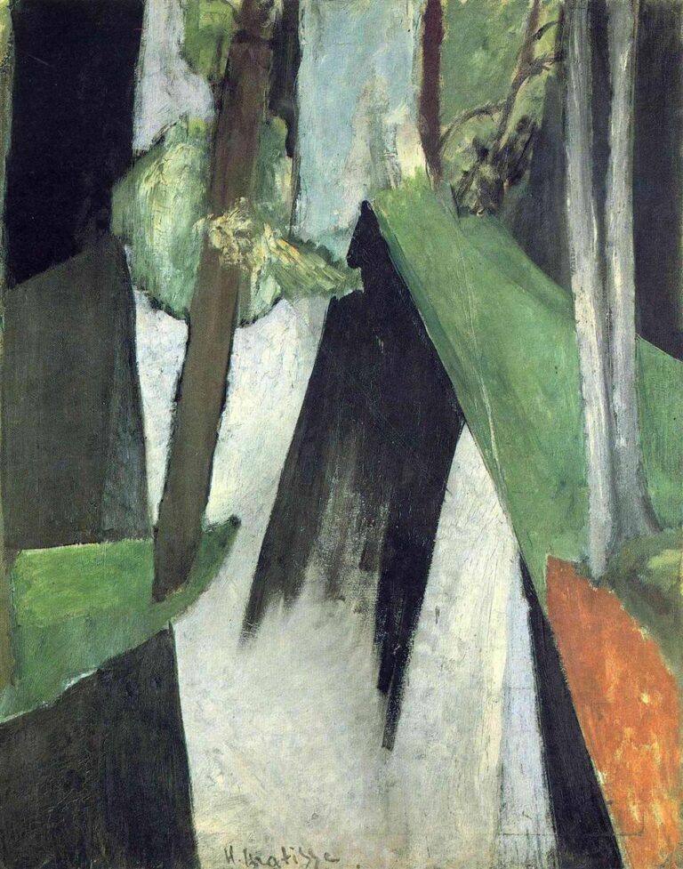 Abstracted forest scene by Henri Matisse with a central pale wedge of light opposed by a dark triangular shadow, vertical tree-like bars at the sides, broad green planes, and a small rust-orange accent; cool grays and greens dominate as black contours and flat planes construct the sensation of a sunbeam cutting through trees.