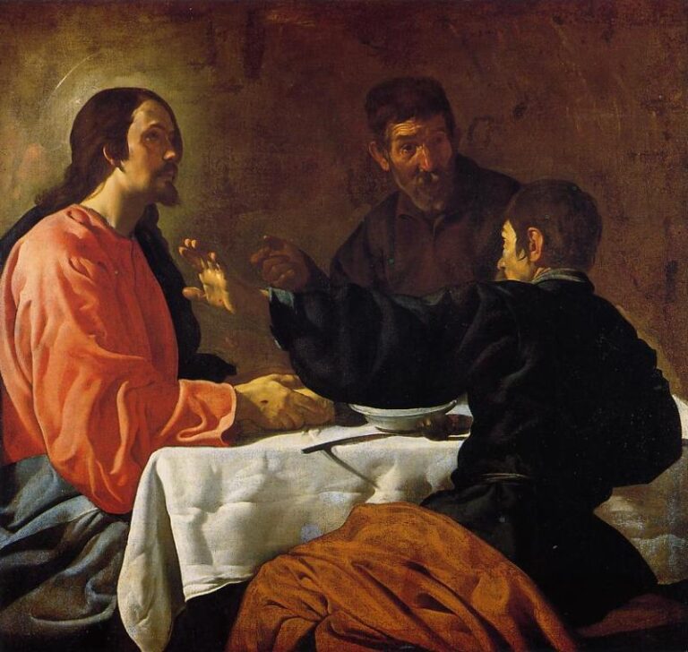 Christ and two disciples sit at a simple table with a white cloth as light rakes across the scene; hands hover over bread and a bowl while the disciples react in surprise during the revelation in Velazquez’s “Supper at Emmaus” (1620).