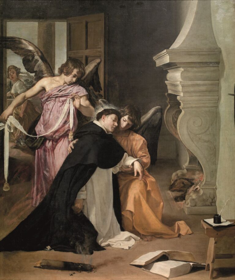 A young Dominican friar collapses into the arms of an angel while another drapes a white sash across his shoulders; a woman exits through an open door, a fireplace glows at right, and an open book, inkpot, and smoldering log lie on the floor of a simple room.