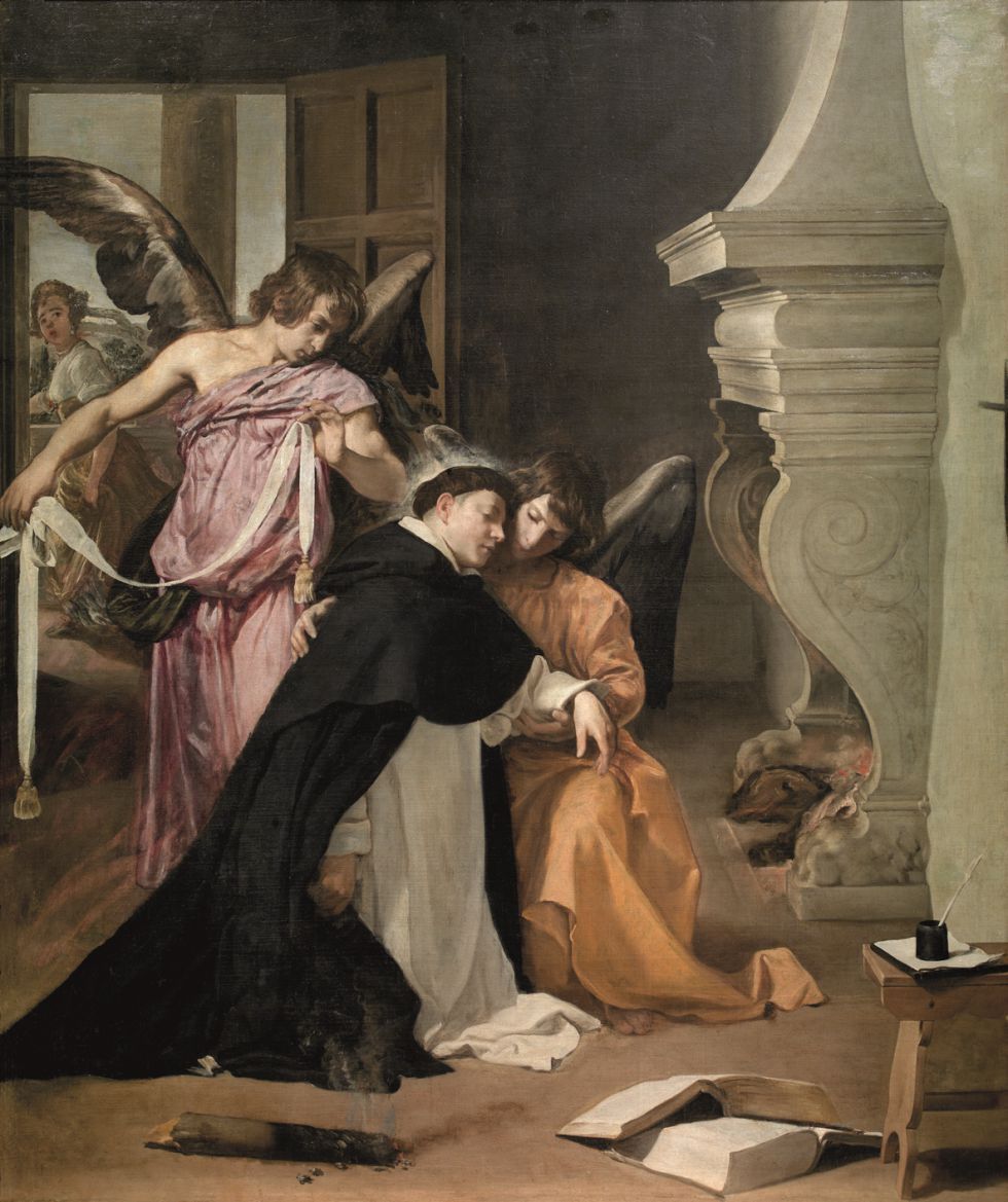 A young Dominican friar collapses into the arms of an angel while another drapes a white sash across his shoulders; a woman exits through an open door, a fireplace glows at right, and an open book, inkpot, and smoldering log lie on the floor of a simple room.