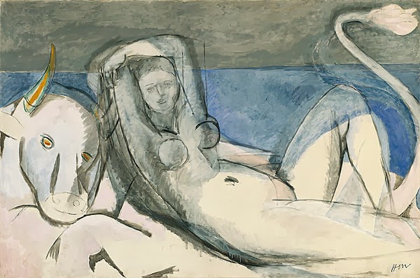 Europa reclining in pale grays beside a white bull with yellow horn; thin blue horizon band divides gray sky from blue sea; figures outlined by soft, searching lines with minimal color accents; composition built from flat planes and diagonals; Henri Matisse, 1929.
